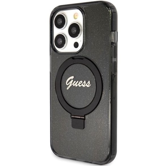 Guess GUHMP15LHRSGSK iPhone 15 Pro 6.1" fekete keménytok gyűrűs állvány Script Glitter MagSafe