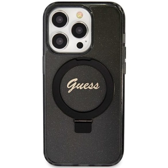 Guess GUHMP15LHRSGSK iPhone 15 Pro 6.1" fekete keménytok gyűrűs állvány Script Glitter MagSafe