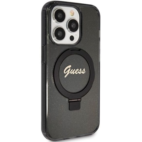 Guess GUHMP15LHRSGSK iPhone 15 Pro 6.1" fekete keménytok gyűrűs állvány Script Glitter MagSafe