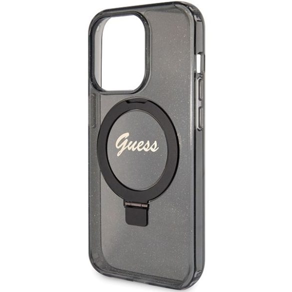 Guess GUHMP15LHRSGSK iPhone 15 Pro 6.1" fekete keménytok gyűrűs állvány Script Glitter MagSafe