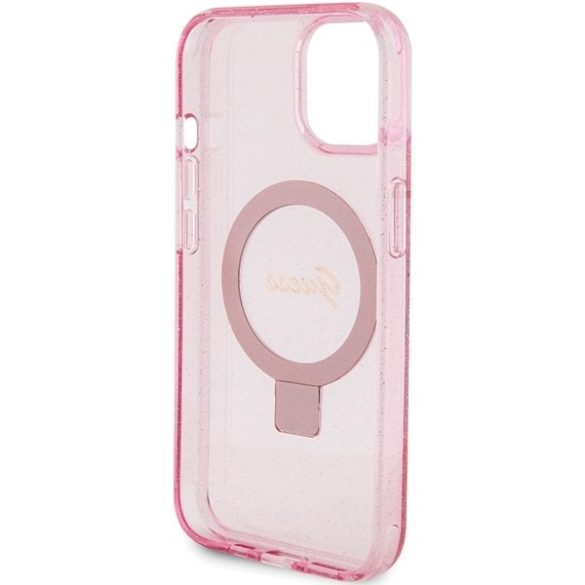 Guess GUHMP15SHRSGSP iPhone 15 / 14 / 13 6.1" rózsaszín keménytok Ring Stand Script Glitter MagSafe