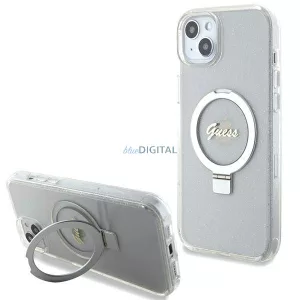 Guess GUHMP15MHRSGSD iPhone 15 Plus 6.7" átlátszó keménytok gyűrűs állvány Script Glitter MagSafe