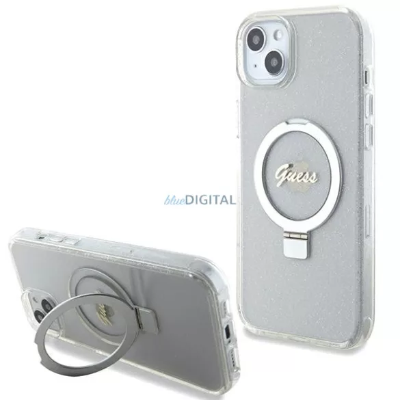 Guess GUHMP15MHRSGSD iPhone 15 Plus 6.7" átlátszó keménytok gyűrűs állvány Script Glitter MagSafe