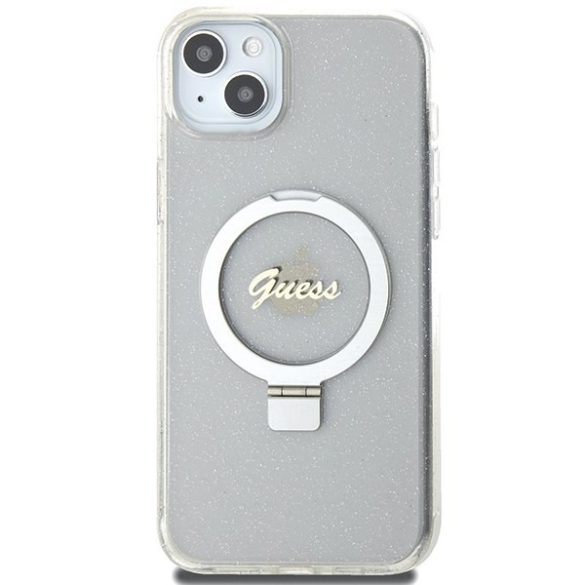 Guess GUHMP15MHRSGSD iPhone 15 Plus / 14 Plus 6.7" átlátszó keménytok gyűrűs állvány Script Glitter MagSafe