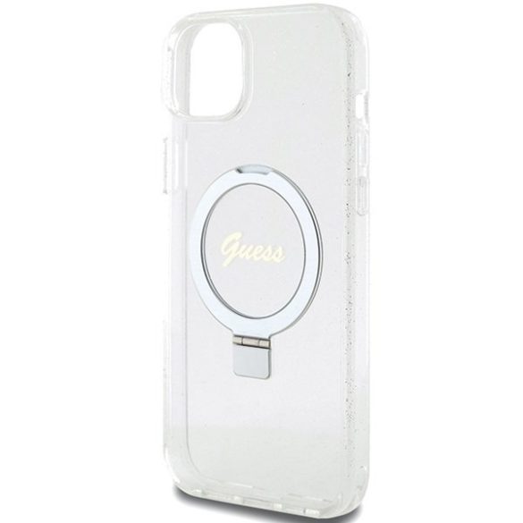 Guess GUHMP15MHRSGSD iPhone 15 Plus / 14 Plus 6.7" átlátszó keménytok gyűrűs állvány Script Glitter MagSafe