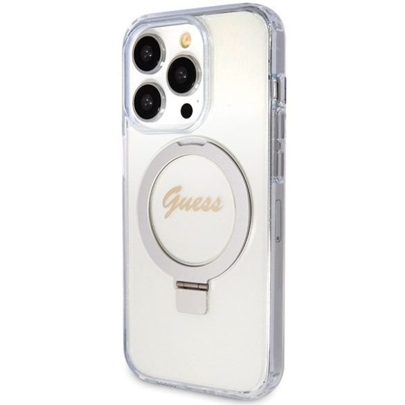 Guess GUHMP15LHRSGSD iPhone 15 Pro 6.1" átlátszó keménytok gyűrűs tartó állvány Script Glitter MagSafe