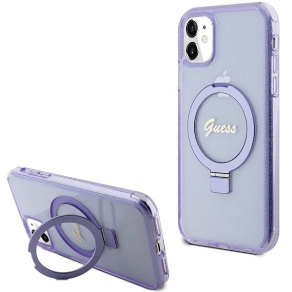 Guess GUHMN61HRSGSU iPhone 11 / Xr 6.1" lila keménytok gyűrűs állvány Script Glitter MagSafe