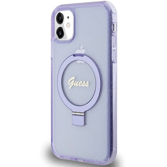 Guess GUHMN61HRSGSU iPhone 11 / Xr 6.1" lila keménytok gyűrűs állvány Script Glitter MagSafe