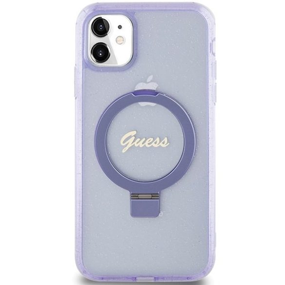 Guess GUHMN61HRSGSU iPhone 11 / Xr 6.1" lila keménytok gyűrűs állvány Script Glitter MagSafe