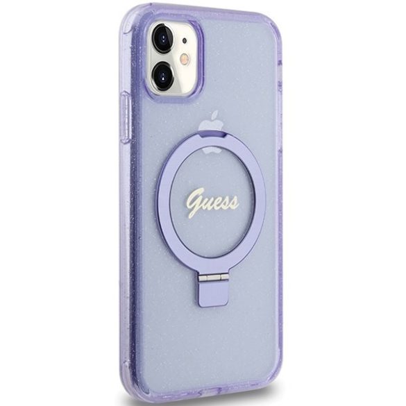 Guess GUHMN61HRSGSU iPhone 11 / Xr 6.1" lila keménytok gyűrűs állvány Script Glitter MagSafe