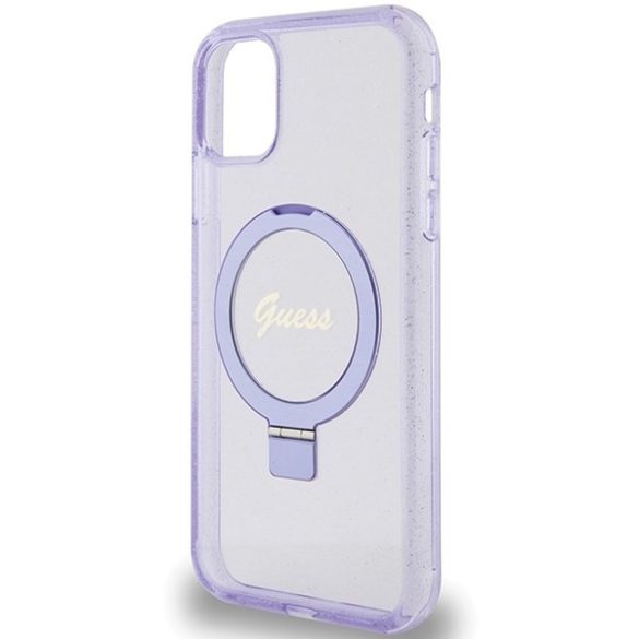 Guess GUHMN61HRSGSU iPhone 11 / Xr 6.1" lila keménytok gyűrűs állvány Script Glitter MagSafe