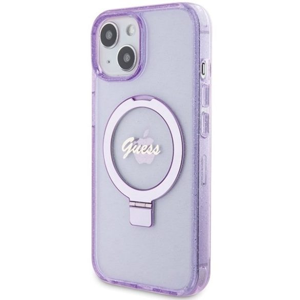 Guess GUHMP15SHRSGSU iPhone 15 / 14 / 13 6.1" lila keménytok Ring Stand Script Glitter MagSafe