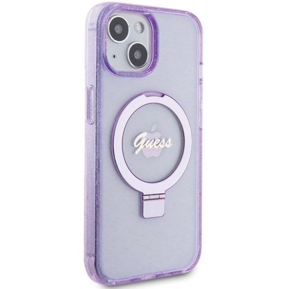 Guess GUHMP15MHRSGSU iPhone 15 Plus / 14 Plus 6.7" lila keménytok gyűrűs állvány Script Glitter MagSafe