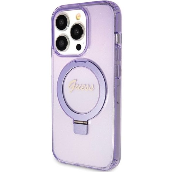 Guess GUHMP15LHRSGSU iPhone 15 Pro 6.1" lila keménytok Ring Stand Script Glitter MagSafe