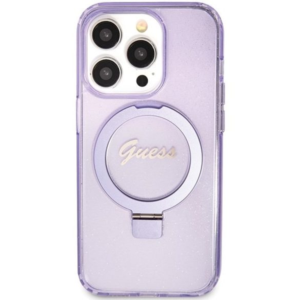 Guess GUHMP15LHRSGSU iPhone 15 Pro 6.1" lila keménytok Ring Stand Script Glitter MagSafe