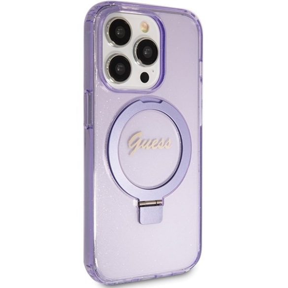 Guess GUHMP15LHRSGSU iPhone 15 Pro 6.1" lila keménytok Ring Stand Script Glitter MagSafe