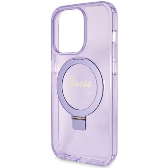 Guess GUHMP15LHRSGSU iPhone 15 Pro 6.1" lila keménytok Ring Stand Script Glitter MagSafe