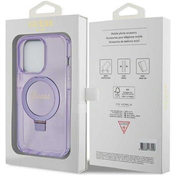 Guess GUHMP15LHRSGSU iPhone 15 Pro 6.1" lila keménytok Ring Stand Script Glitter MagSafe