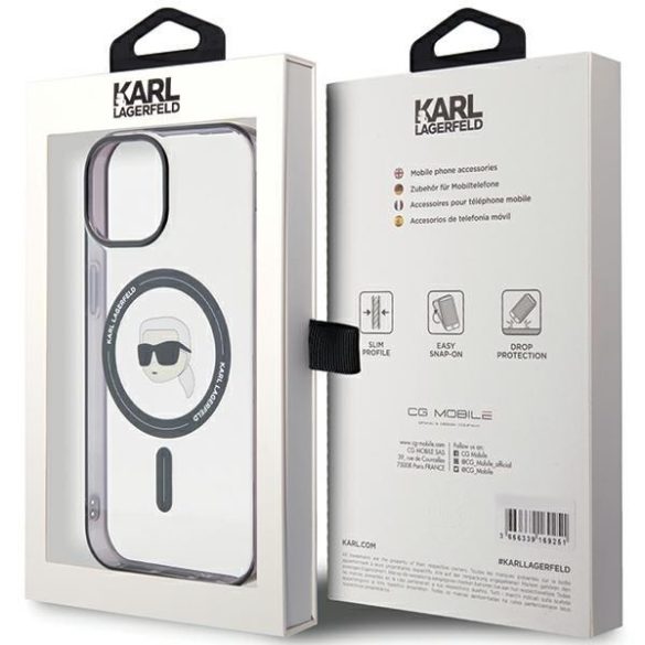Karl Lagerfeld KLHMP15SHKHNOTK iPhone 15 / 14 / 13 6.1" átlátszó keménytok IML Karl's Head MagSafe