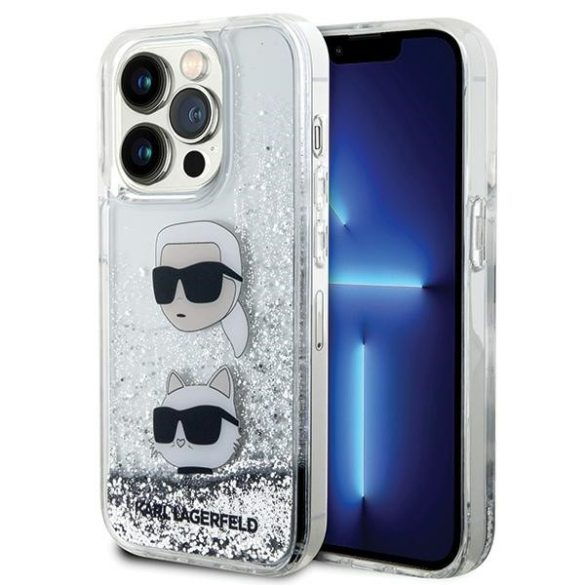 Karl Lagerfeld KLHCP14LLDHKKCNS iPhone 14 Pro 6.1" ezüst keménytok folyékony Glitter Karl & Choupette fejek