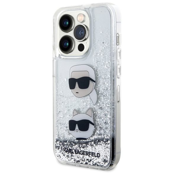 Karl Lagerfeld KLHCP14LLDHKKCNS iPhone 14 Pro 6.1" ezüst keménytok folyékony Glitter Karl & Choupette fejek