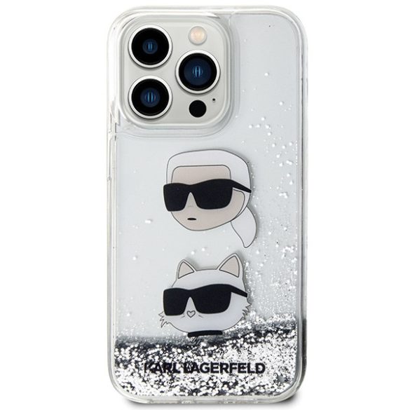 Karl Lagerfeld KLHCP14LLDHKKCNS iPhone 14 Pro 6.1" ezüst keménytok folyékony Glitter Karl & Choupette fejek