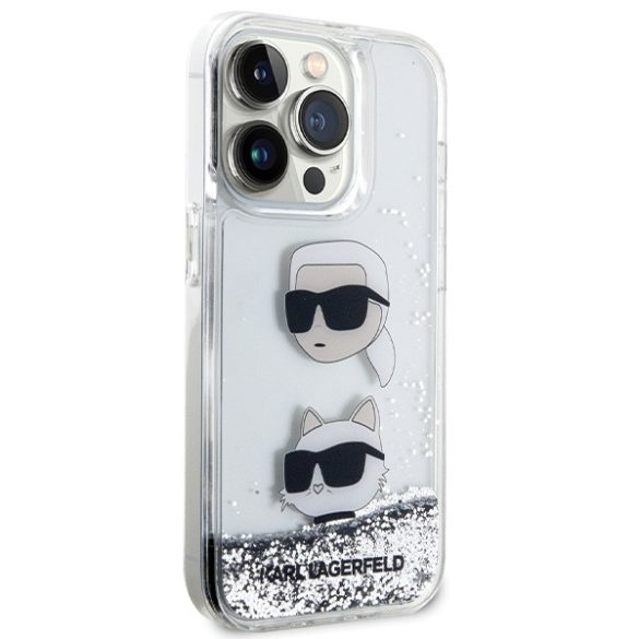 Karl Lagerfeld KLHCP14LLDHKKCNS iPhone 14 Pro 6.1" ezüst keménytok folyékony Glitter Karl & Choupette fejek