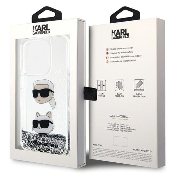 Karl Lagerfeld KLHCP14LLDHKKCNS iPhone 14 Pro 6.1" ezüst keménytok folyékony Glitter Karl & Choupette fejek