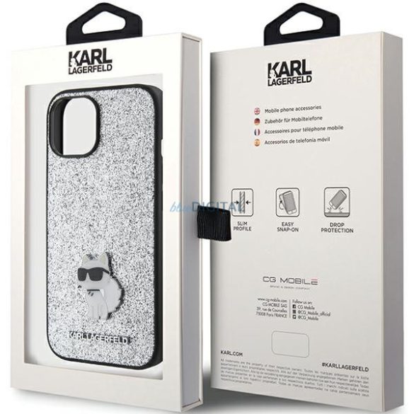 Karl Lagerfeld KLHCP15SGCNPSG iPhone 15 / 14 / 13 6.1" ezüst keménytok fix csillogó Choupette logó fém kitűzős