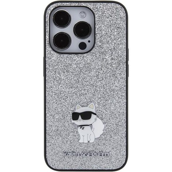 Karl Lagerfeld KLHCP15LGCNPSG iPhone 15 Pro 6.1" ezüst keménytok Fix Glitter Choupette logó fém kitűzővel