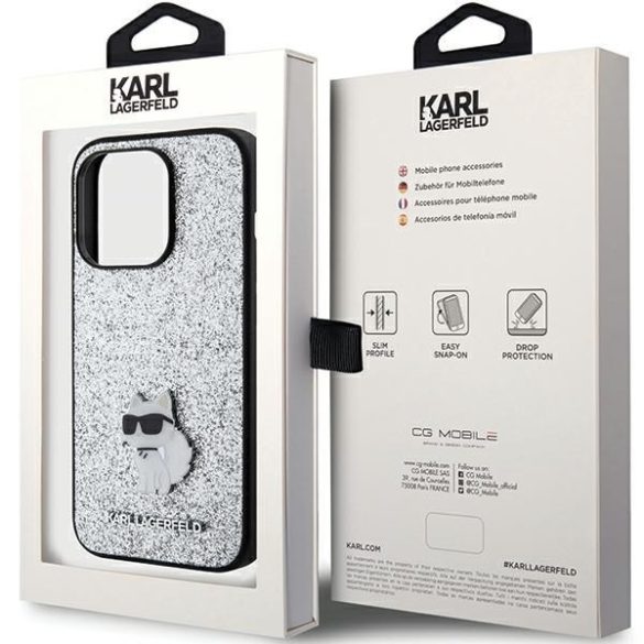 Karl Lagerfeld KLHCP15LGCNPSG iPhone 15 Pro 6.1" ezüst keménytok Fix Glitter Choupette logó fém kitűzővel