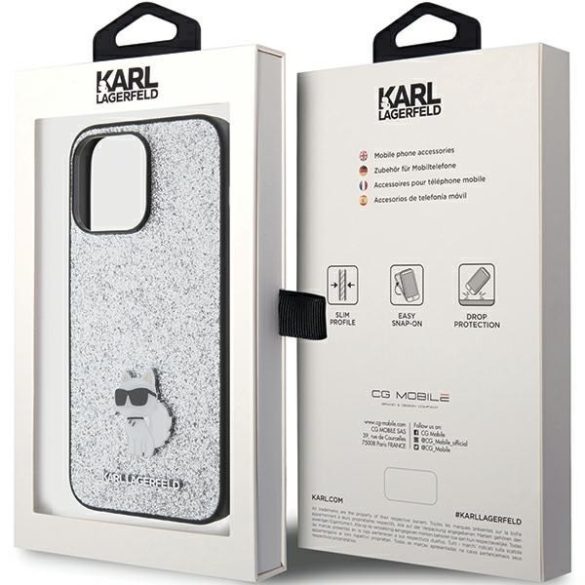 Karl Lagerfeld KLHCP15XGCNPSG iPhone 15 Pro Max 6.7" ezüst keménytok Fix Glitter Choupette Logo fém kitűző