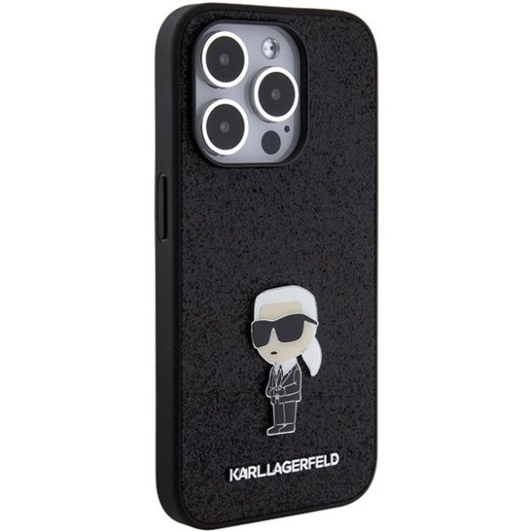 Karl Lagerfeld KLHCP15LGKNPSK iPhone 15 Pro 6.1" fekete/arany keménytok Fix Glitter ikonikus Logo fém kitűző