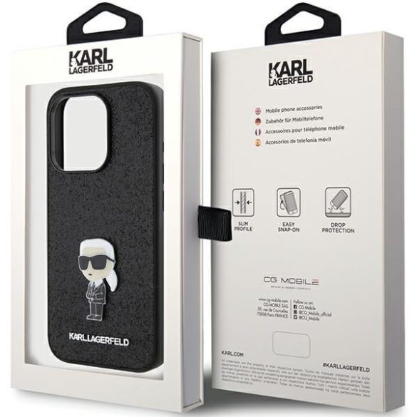 Karl Lagerfeld KLHCP15LGKNPSK iPhone 15 Pro 6.1" fekete/arany keménytok Fix Glitter ikonikus Logo fém kitűző