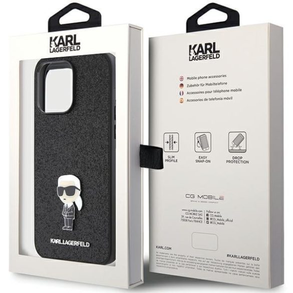 Karl Lagerfeld KLHCP15XGKNPSK iPhone 15 Pro Max 6.7" fekete keménytok Fix Glitter ikonikus Logo fém kitűző