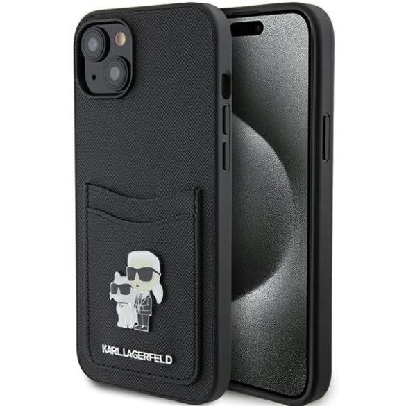 Karl Lagerfeld KLHCP15SSAPKCNPK iPhone 15 / 14 / 13 6.1" fekete keménytok Saffiano kártyatartóval Karl&Choupette fém kitűzős