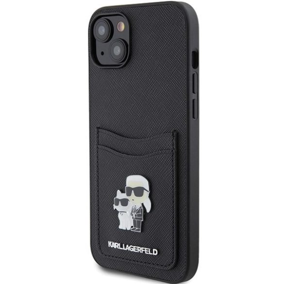 Karl Lagerfeld KLHCP15SSAPKCNPK iPhone 15 / 14 / 13 6.1" fekete keménytok Saffiano kártyatartóval Karl&Choupette fém kitűzős