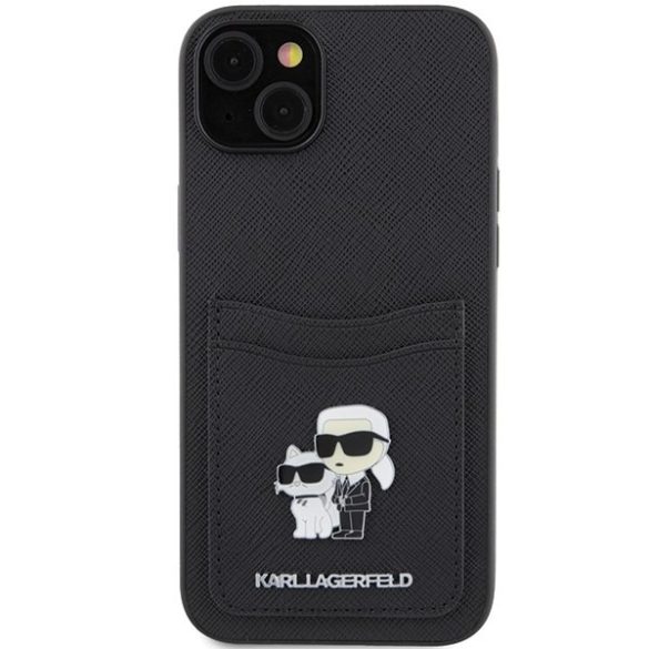 Karl Lagerfeld KLHCP15SSAPKCNPK iPhone 15 / 14 / 13 6.1" fekete keménytok Saffiano kártyatartóval Karl&Choupette fém kitűzős