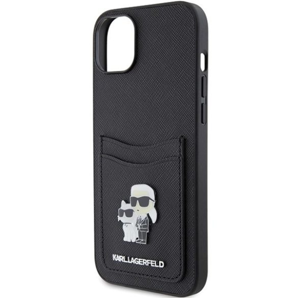 Karl Lagerfeld KLHCP15SSAPKCNPK iPhone 15 / 14 / 13 6.1" fekete keménytok Saffiano kártyatartóval Karl&Choupette fém kitűzős