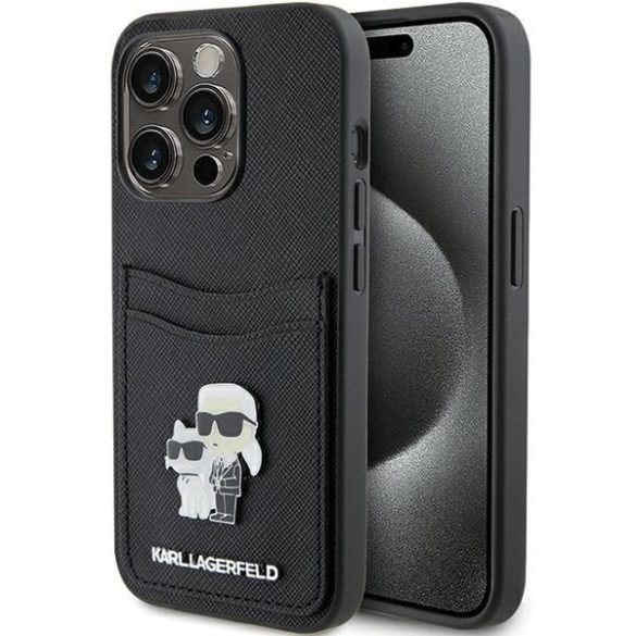 Karl Lagerfeld KLHCP15LSAPKCNPK iPhone 15 Pro 6.1" fekete keménytok Saffiano kártyatartóval Karl&Choupette fém kitűző