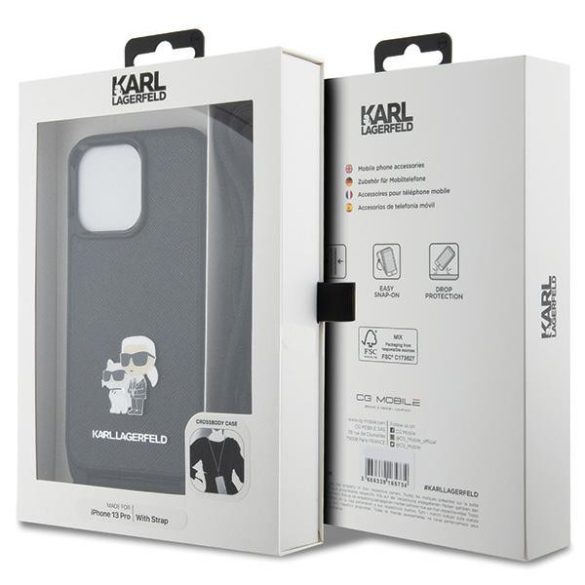 Karl Lagerfeld KLHCP13LSAKCPSK iPhone 13 Pro / 13 6.1" keménytok  fekete Crossbody Saffiano Metal Pin Karl & Choupette