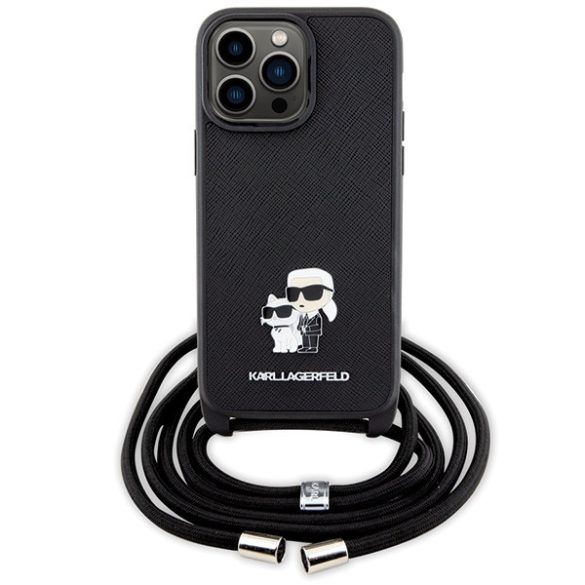 Karl Lagerfeld KLHCP13XSAKCPSK iPhone 13 Pro Max 6.7" keménytok  fekete Crossbody Saffiano Metal Pin Karl & Choupette