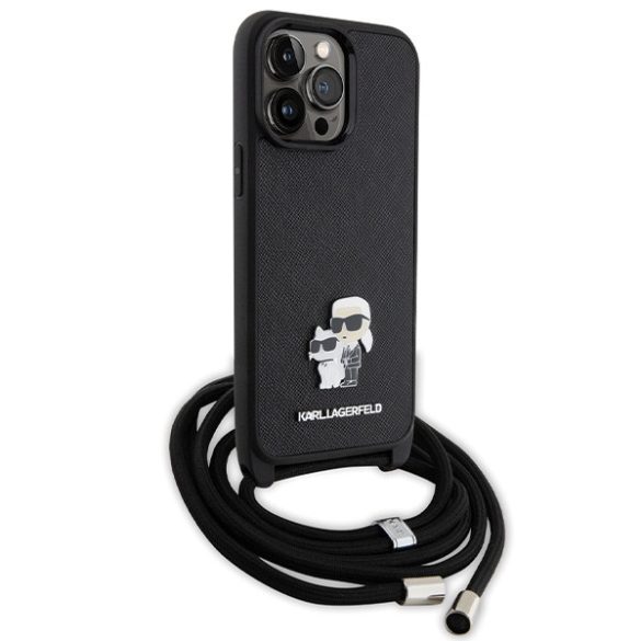 Karl Lagerfeld KLHCP13XSAKCPSK iPhone 13 Pro Max 6.7" keménytok  fekete Crossbody Saffiano Metal Pin Karl & Choupette