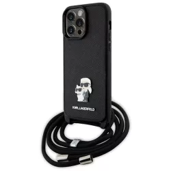   Karl Lagerfeld KLHCP14XSAKCPSK iPhone 14 Pro Max 6.7" keménytok  fekete Crossbody Saffiano Metal Pin Karl & Choupette