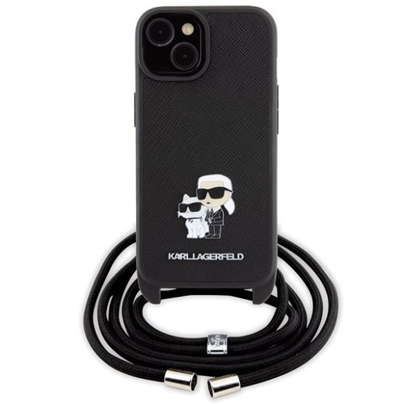 Karl Lagerfeld KLHCP15SSAKCPSK iPhone 15 / 14 / 13 6.1" keménytok fekete Crossbody Saffiano Metal Pin Karl & Choupette