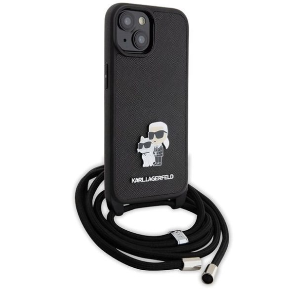 Karl Lagerfeld KLHCP15SSAKCPSK iPhone 15 / 14 / 13 6.1" keménytok fekete Crossbody Saffiano Metal Pin Karl & Choupette