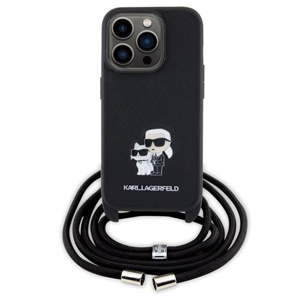 Karl Lagerfeld KLHCP15LSAKCPSK iPhone 15 Pro 6.1" keménytok fekete Crossbody Saffiano Metal Pin Karl & Choupette