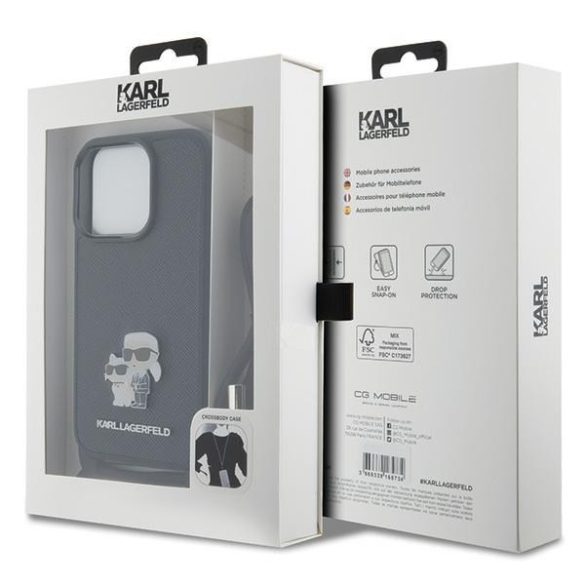 Karl Lagerfeld KLHCP15LSAKCPSK iPhone 15 Pro 6.1" keménytok fekete Crossbody Saffiano Metal Pin Karl & Choupette