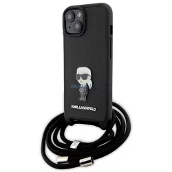   Karl Lagerfeld KLHCP15SSASKNPSK iPhone 15 6.1" keménytok fekete Crossbody Saffiano Monogram Metal Pin Karl & Choupette