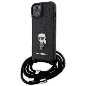 Karl Lagerfeld KLHCP15SSASKNPSK iPhone 15 6.1" keménytok fekete Crossbody Saffiano Monogram Metal Pin Karl & Choupette